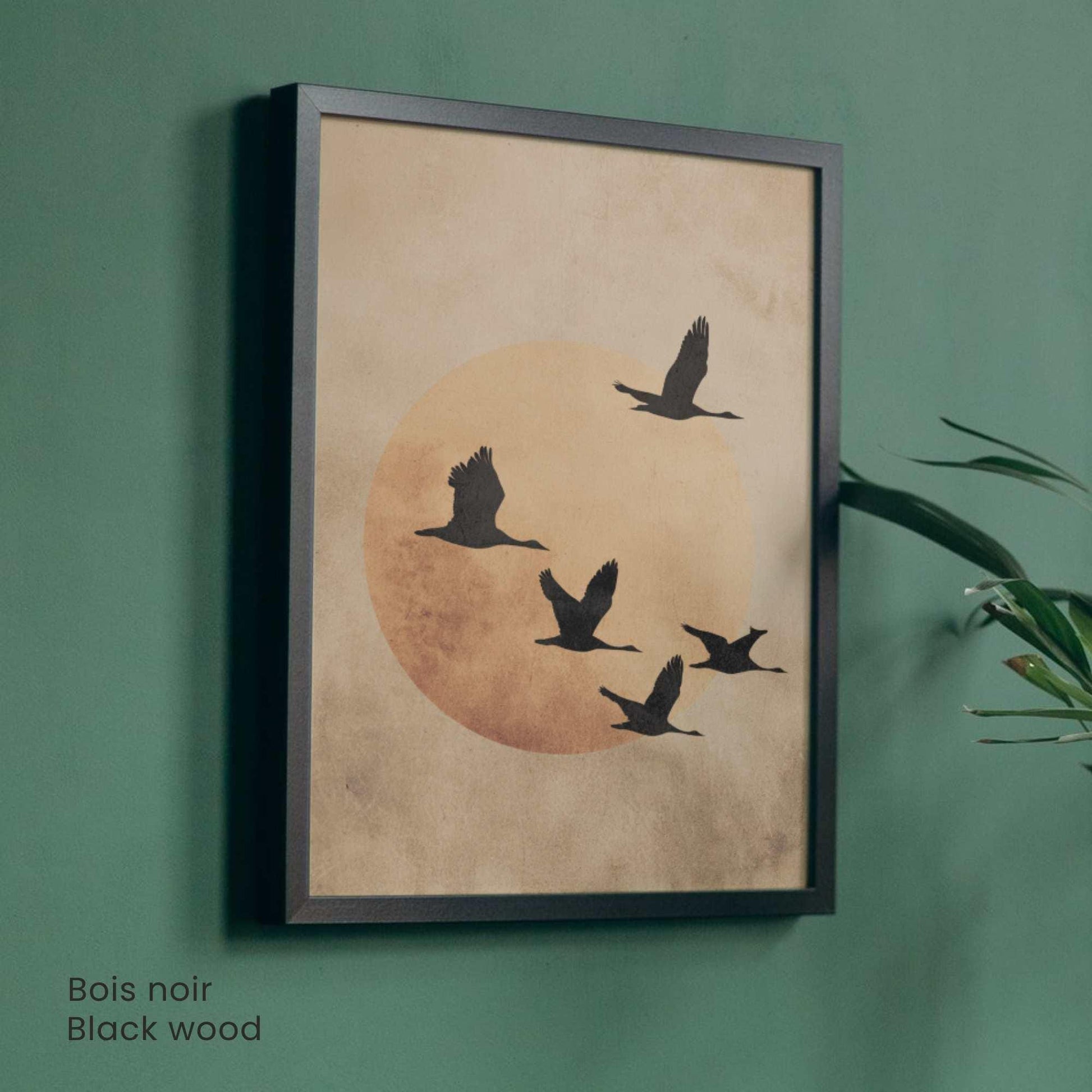 Affiche Japonaise – L’Envol du Soir | Poster Minimaliste Japonais | Grues et Lune Dorée | Art Zen et Wabi-Sabi