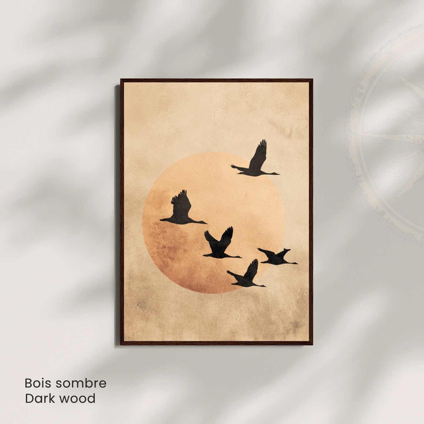Affiche Japonaise – L’Envol du Soir | Poster Minimaliste Japonais | Grues et Lune Dorée | Art Zen et Wabi-Sabi