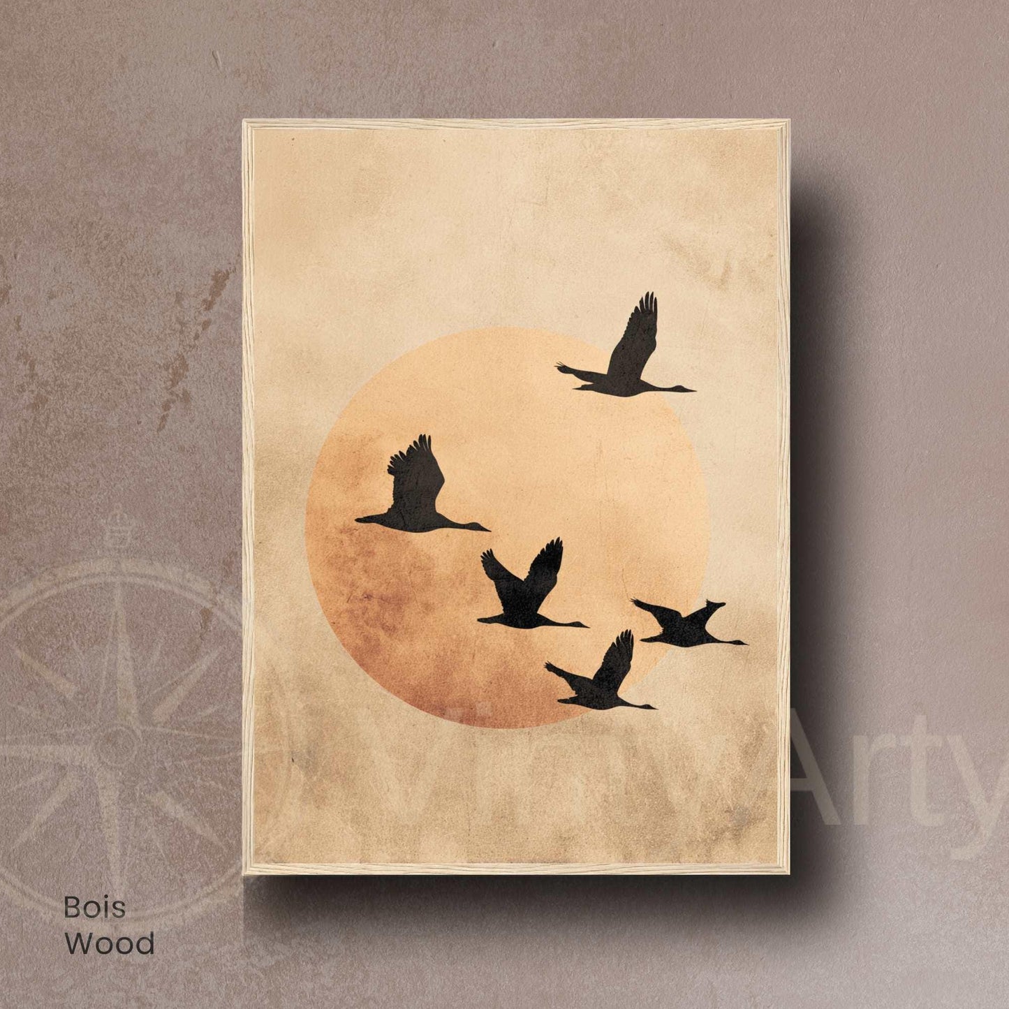 Affiche Japonaise – L’Envol du Soir | Poster Minimaliste Japonais | Grues et Lune Dorée | Art Zen et Wabi-Sabi