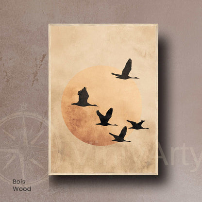 Affiche Japonaise – L’Envol du Soir | Poster Minimaliste Japonais | Grues et Lune Dorée | Art Zen et Wabi-Sabi