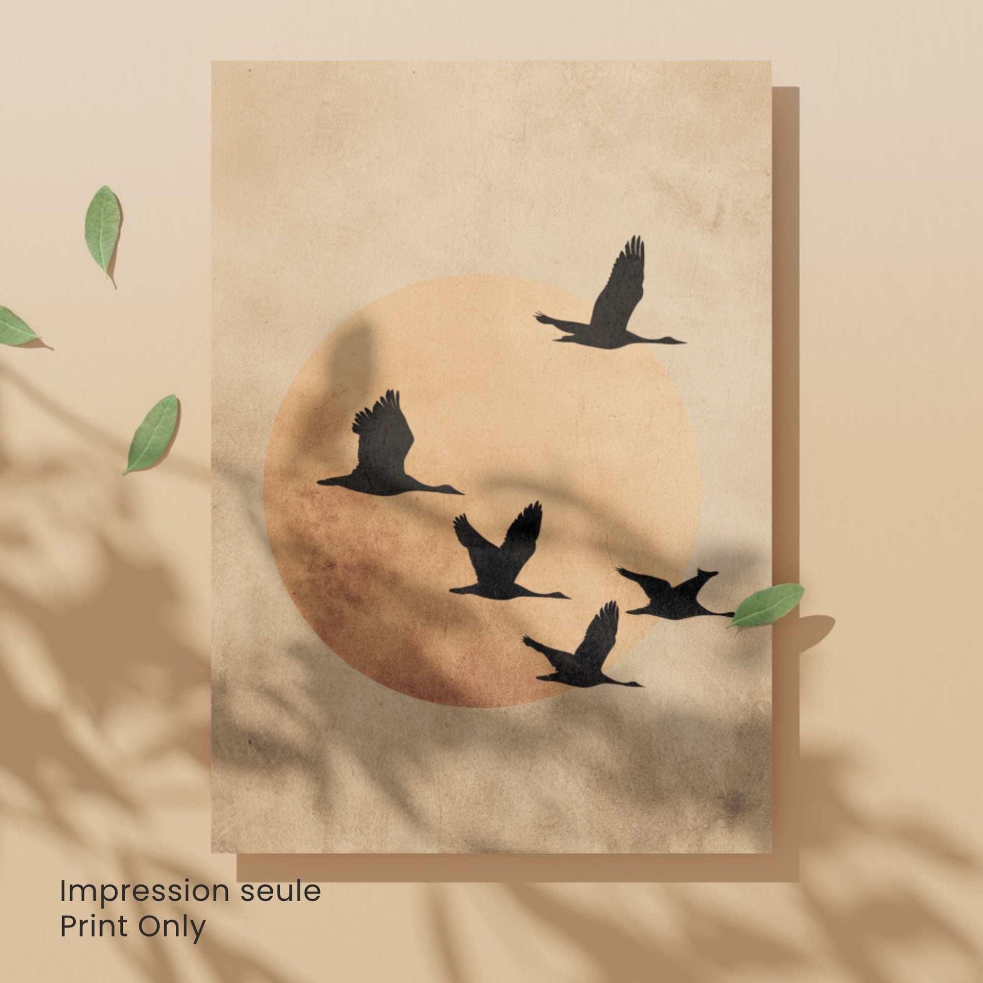 Affiche Japonaise – L’Envol du Soir | Poster Minimaliste Japonais | Grues et Lune Dorée | Art Zen et Wabi-Sabi