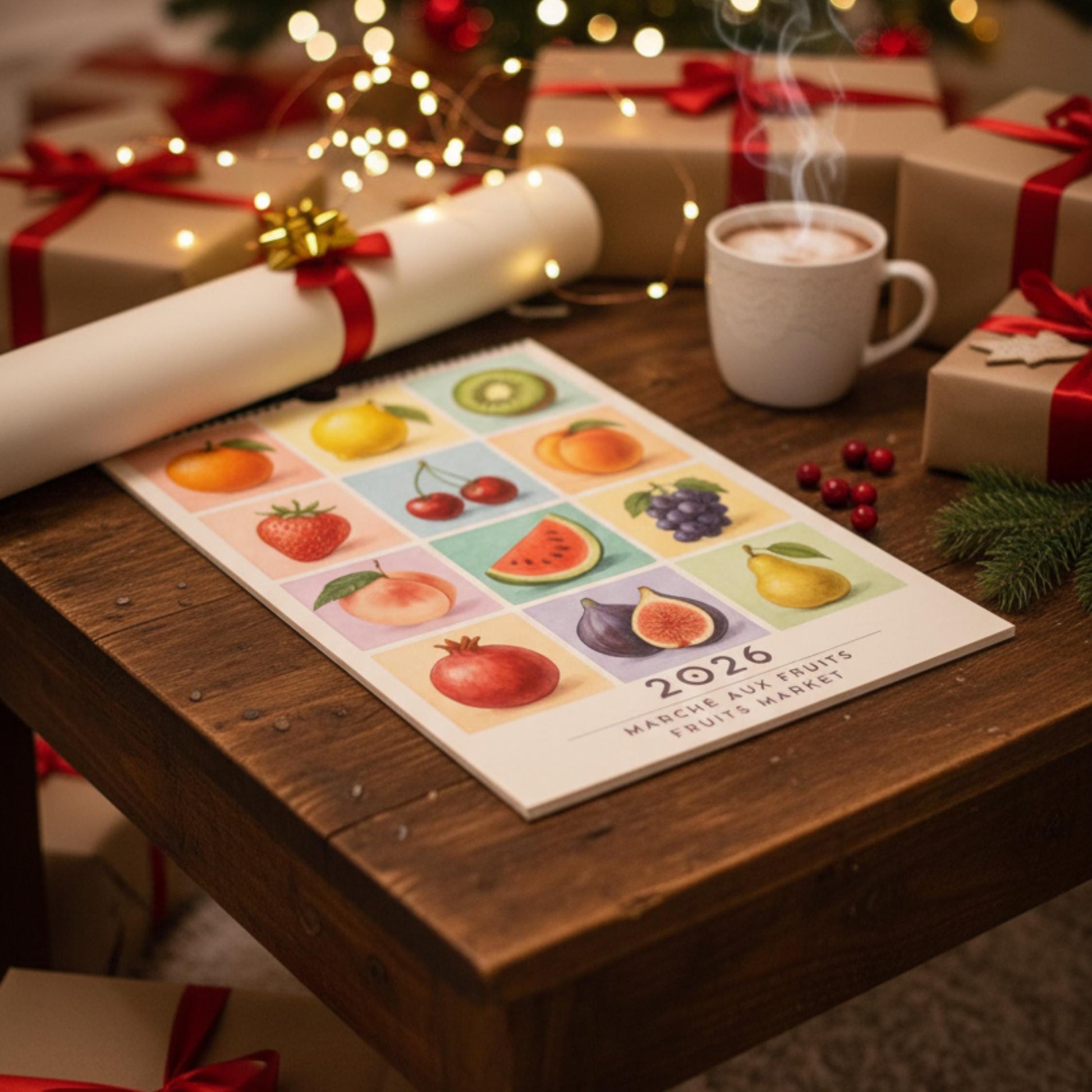 Calendrier 2026 Fruits | Calendrier Marché aux fruits | Cadeau cuisine et déco murale