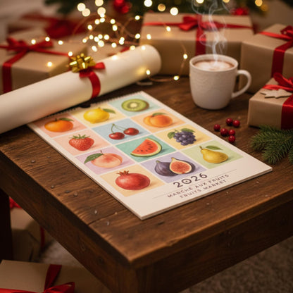 Calendrier 2026 Fruits | Calendrier Marché aux fruits | Cadeau cuisine et déco murale