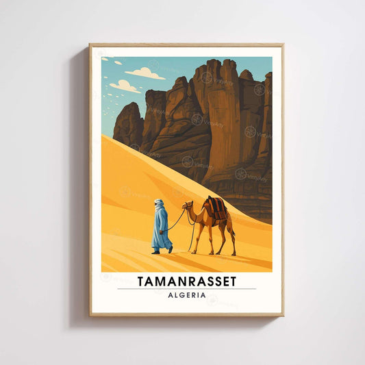 Affiche Tamanrasset – Algérie | Désert du Sahara, Montagnes du Hoggar et Touareg | Illustration Voyage Vintage