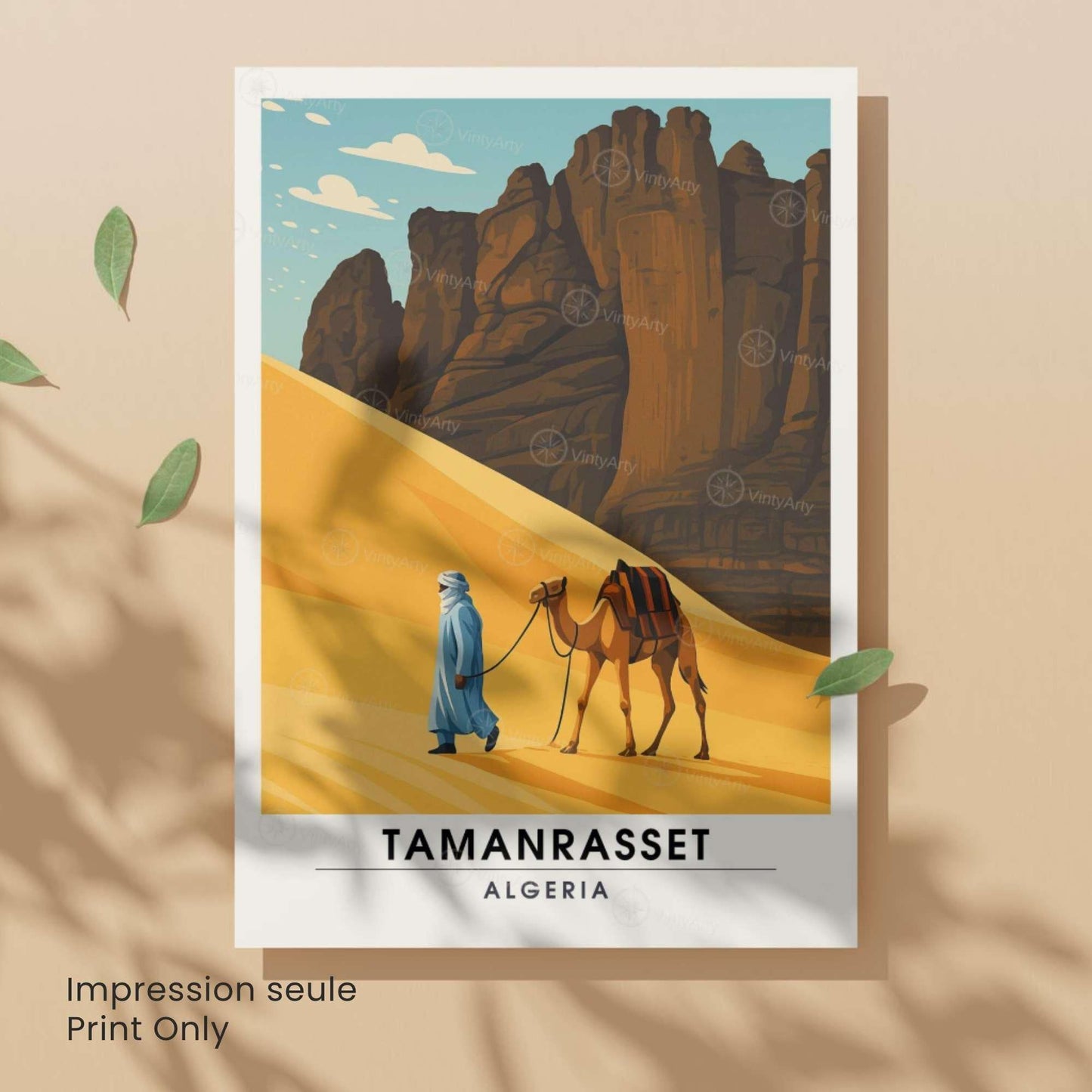 Affiche Tamanrasset – Algérie | Désert du Sahara, Montagnes du Hoggar et Touareg | Illustration Voyage Vintage