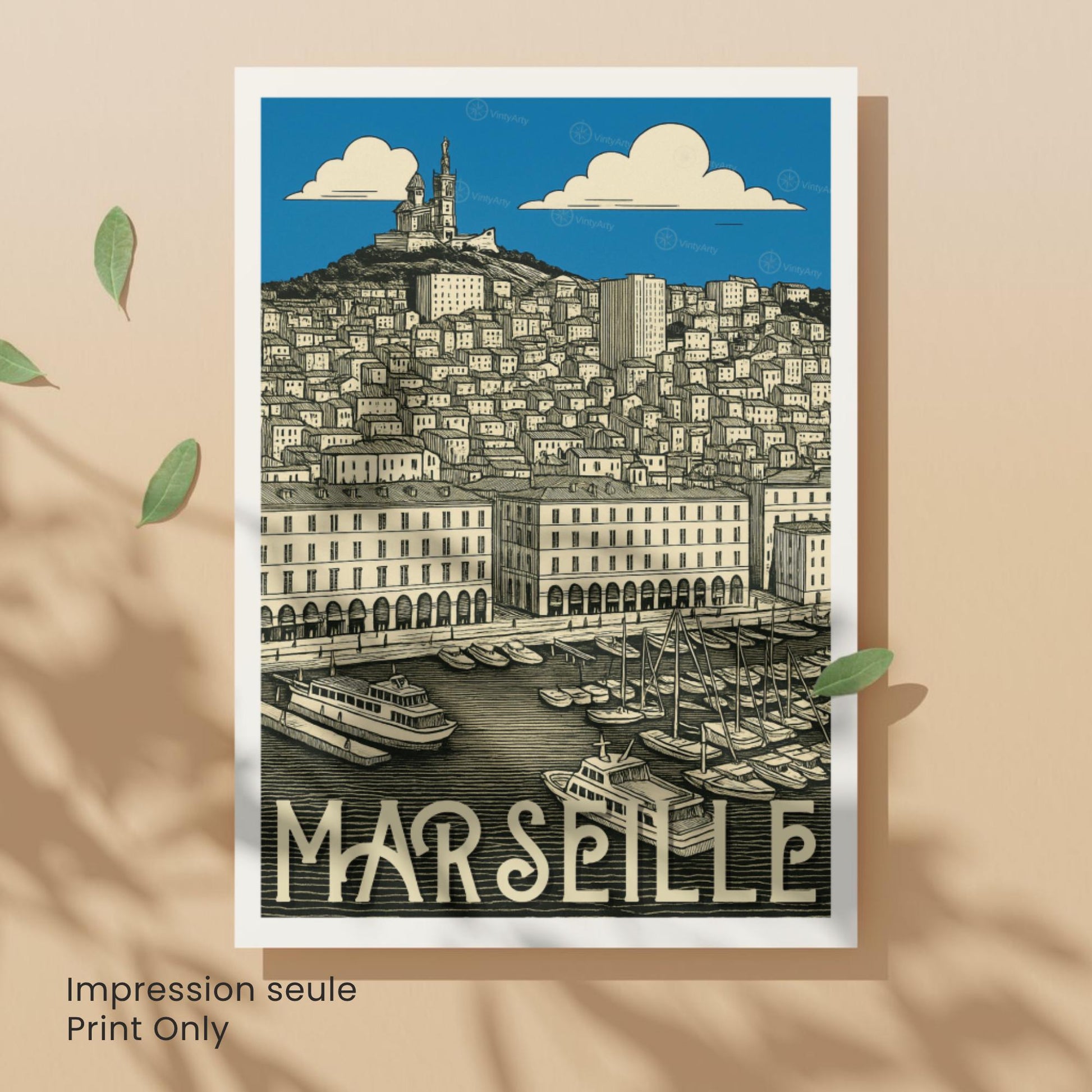 Affiche Marseille – Le Vieux-Port et Notre-Dame de la Garde - Affiche vintage Marseille