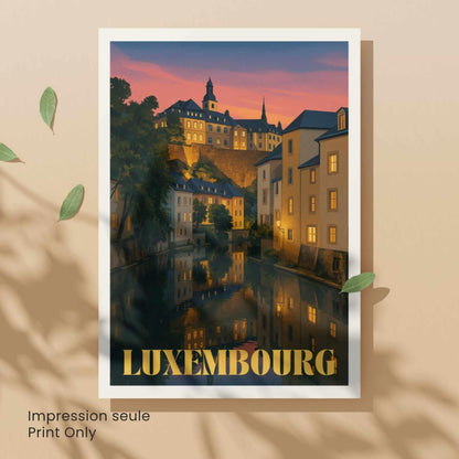 Affiche Luxembourg Nuit – Poster vintage du Grund et de la vieille ville illuminée