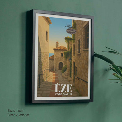 Affiche Èze, Côte d’Azur – Ruelle en pierre au coucher du soleil