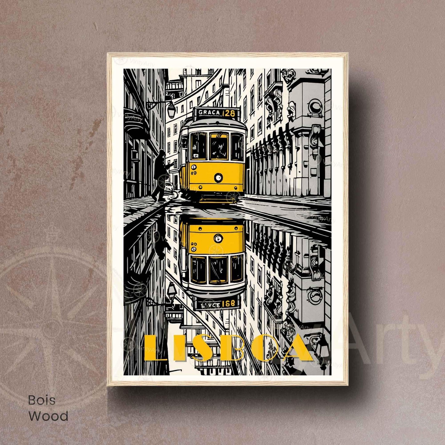 Affiche Lisbonne – Tramway jaune vintage dans les rues de Lisbonne - Affiche Lisbonne noir et blanc