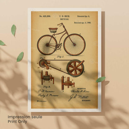 Affiche Brevet Vélo Vintage – Poster Technique 1890 | Décoration Industrielle & Atelier Rétro