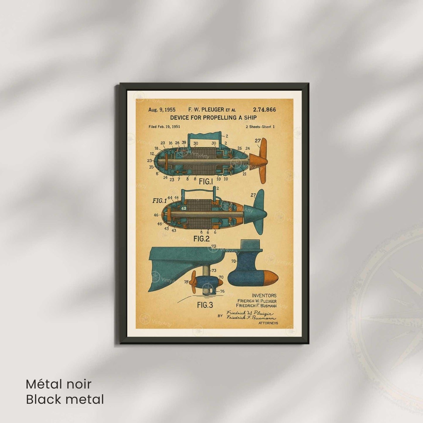 Affiche Brevet Propulsion Marine Vintage – Poster Technique 1955 | Art Industriel & Décoration Mécanique
