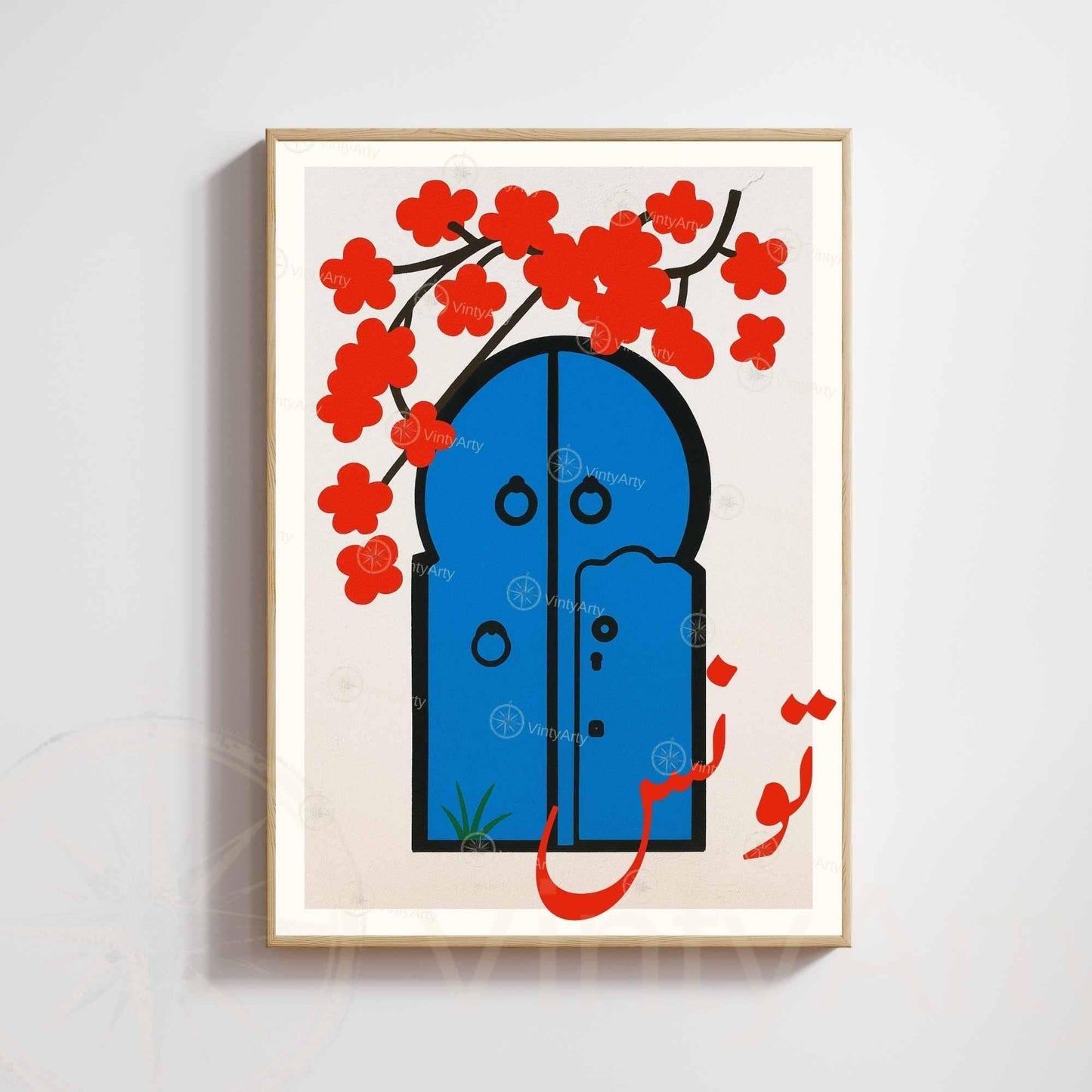 Affiche Tunis – Porte Bleue & Fleurs Rouges | Art Minimaliste Arabe & Décoration Murale Tunisienne