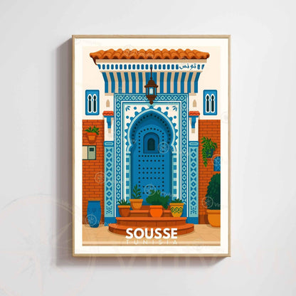 Affiche Sousse – Porte Bleue Tunisienne | Art Méditerranéen & Décoration Murale Tunisie