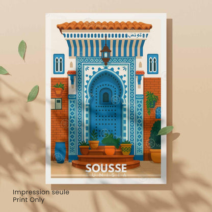 Affiche Sousse – Porte Bleue Tunisienne | Art Méditerranéen & Décoration Murale Tunisie