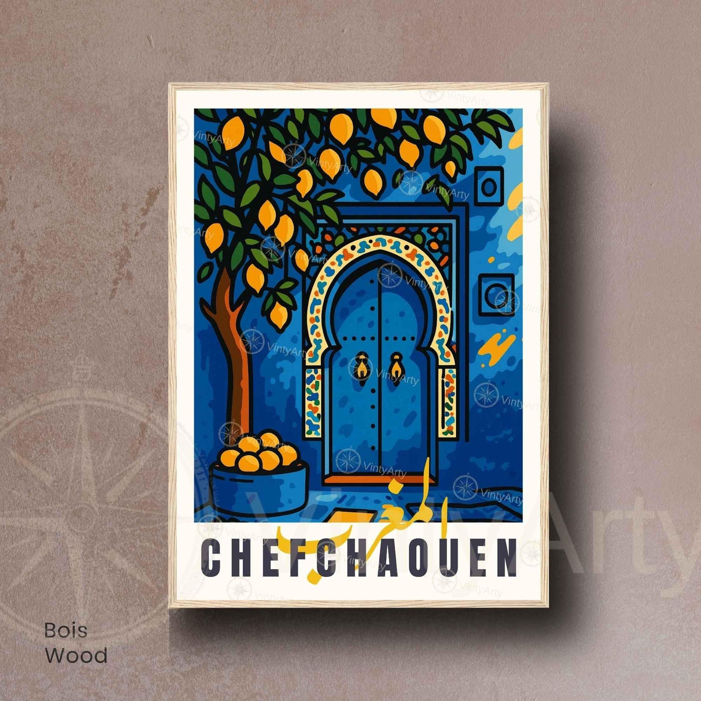 Affiche Chefchaouen – Porte Bleue et Orangers | Affiche Maroc et Art Oriental