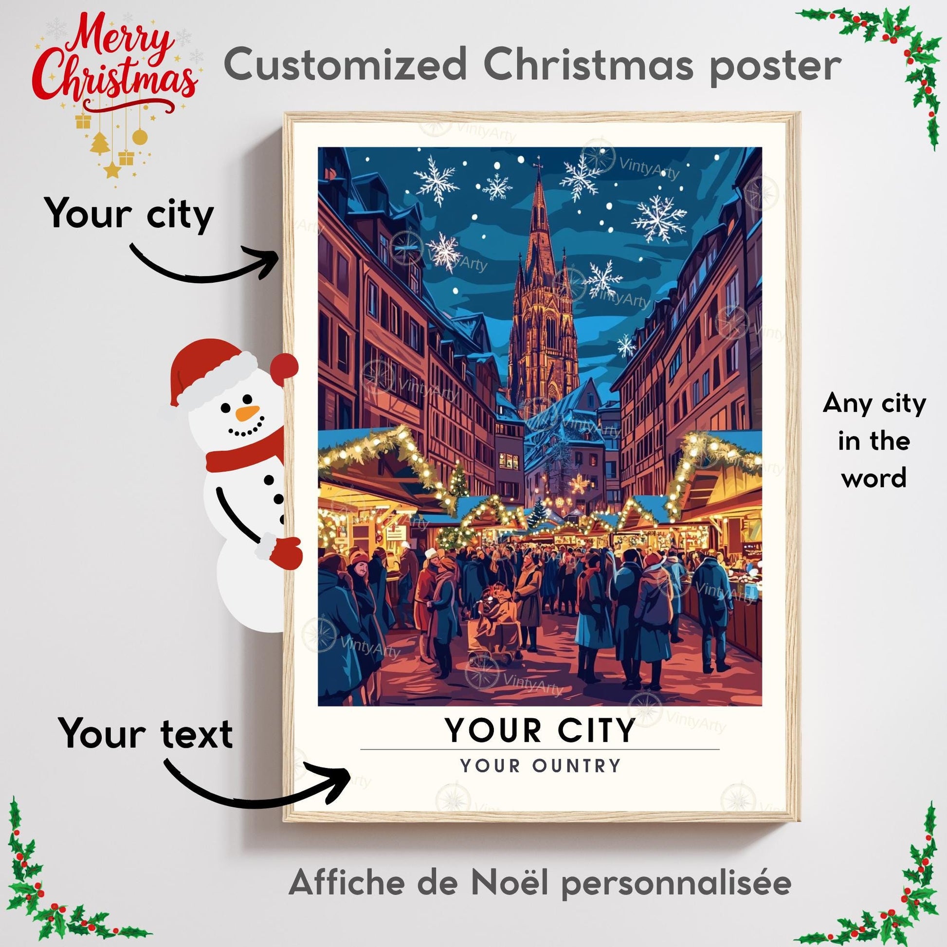 Affiche Noël personnalisée – Choisir votre ville, texte et langue - Décoration Noël