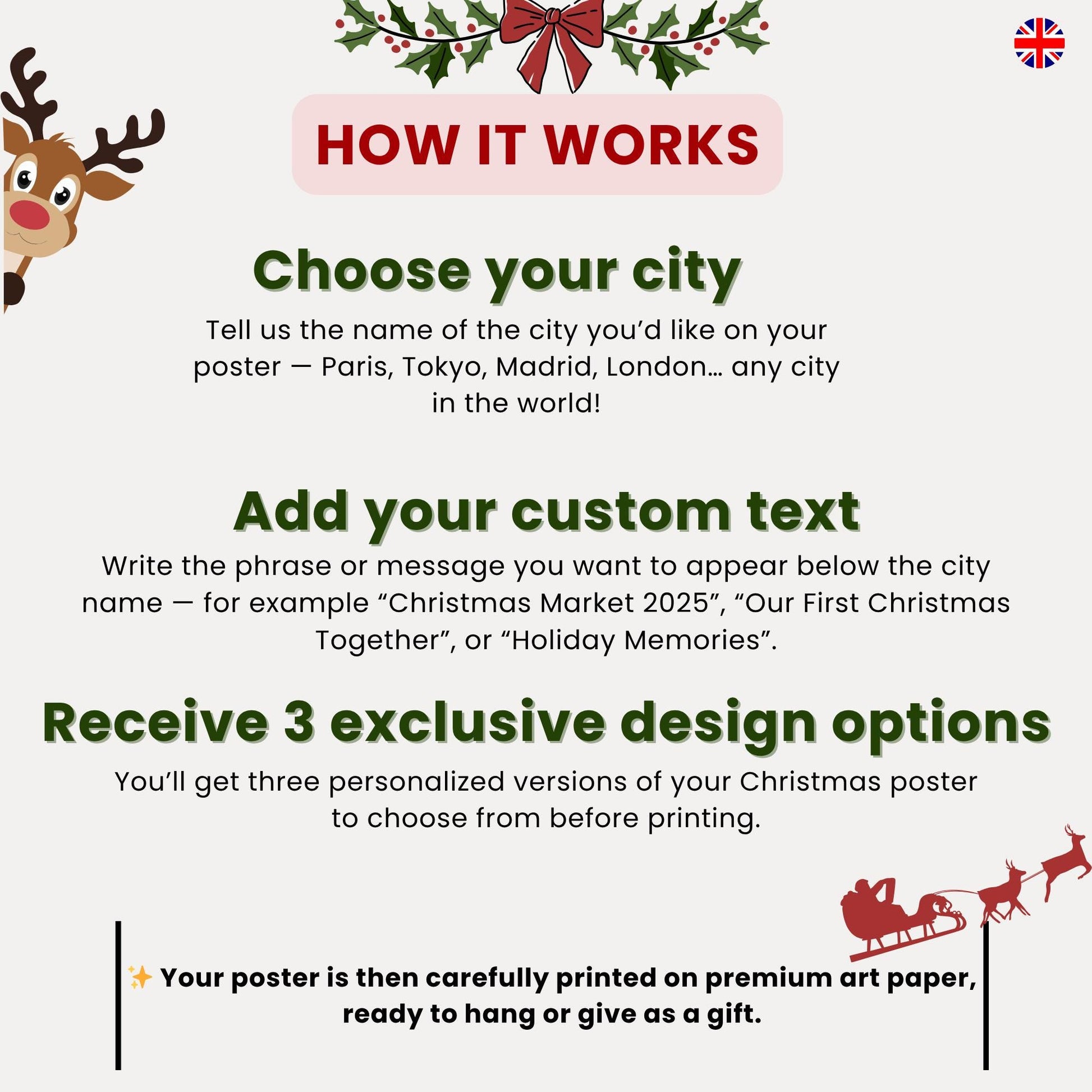 Affiche Noël personnalisée – Choisir votre ville, texte et langue - Décoration Noël