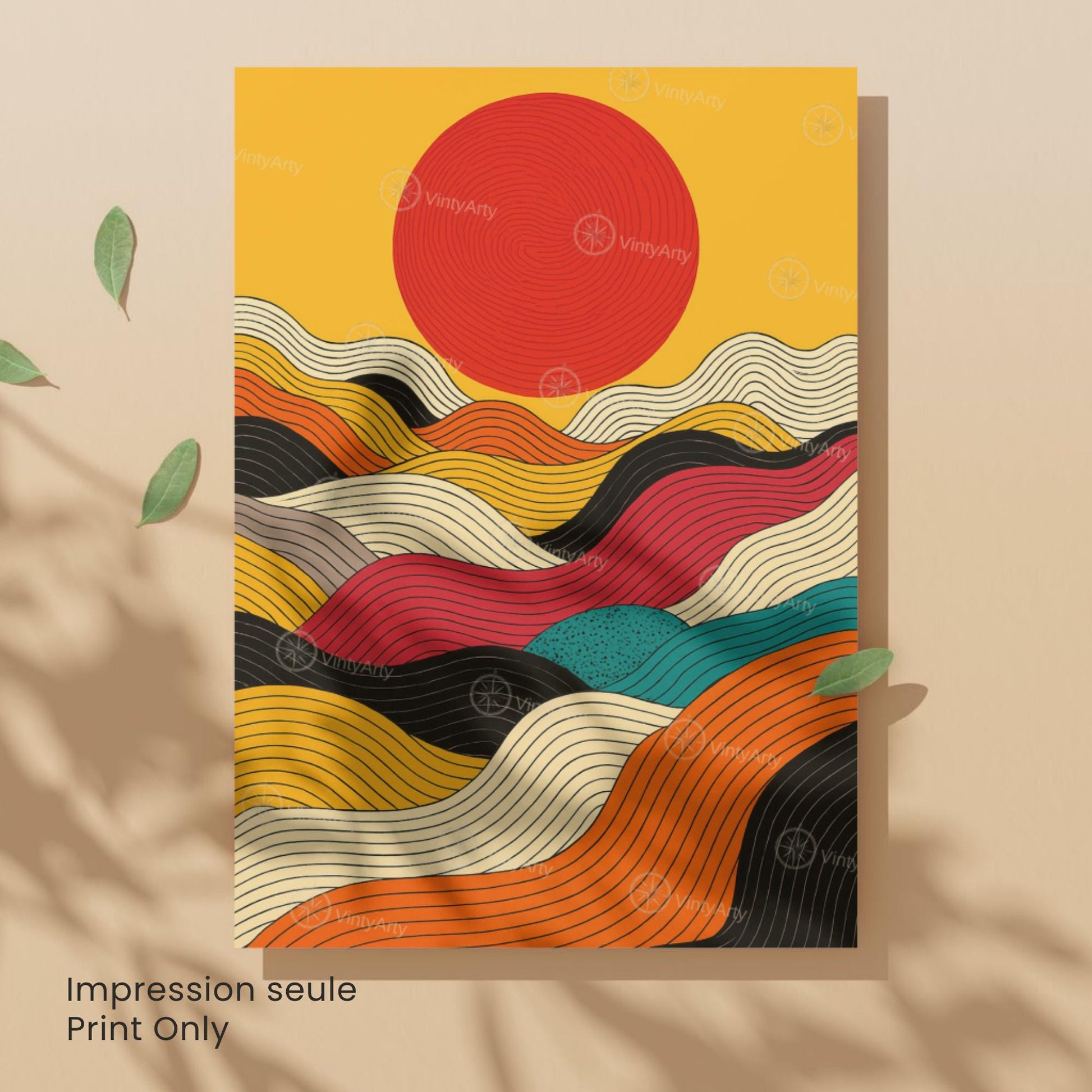 Affiche abstraite soleil – lignes colorées et design moderne