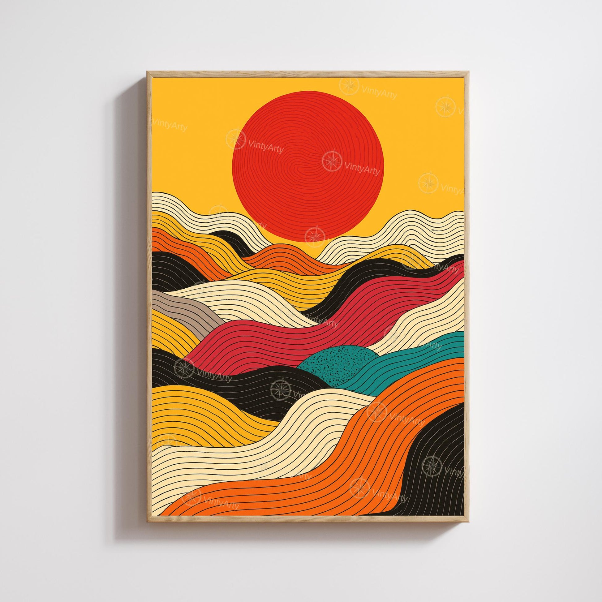 Affiche abstraite soleil – lignes colorées et design moderne