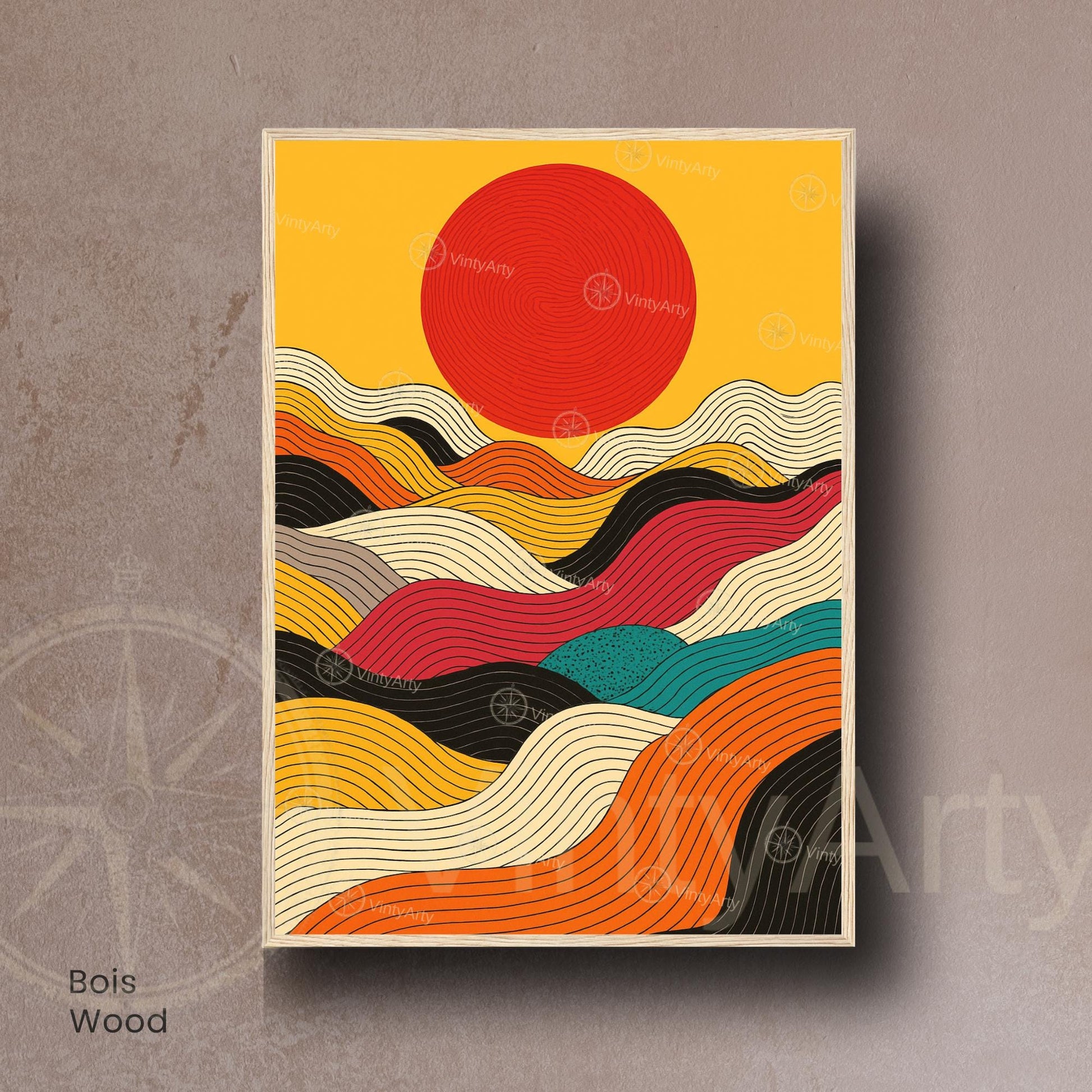 Affiche abstraite soleil – lignes colorées et design moderne