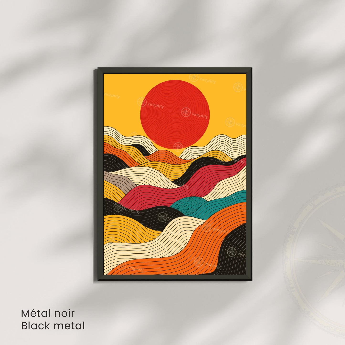 Affiche abstraite soleil – lignes colorées et design moderne
