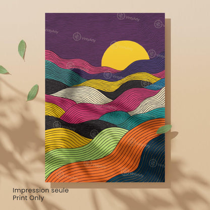 Affiche Abstraite Coucher de Soleil – Lignes Ondulées et Couleurs Vibrantes