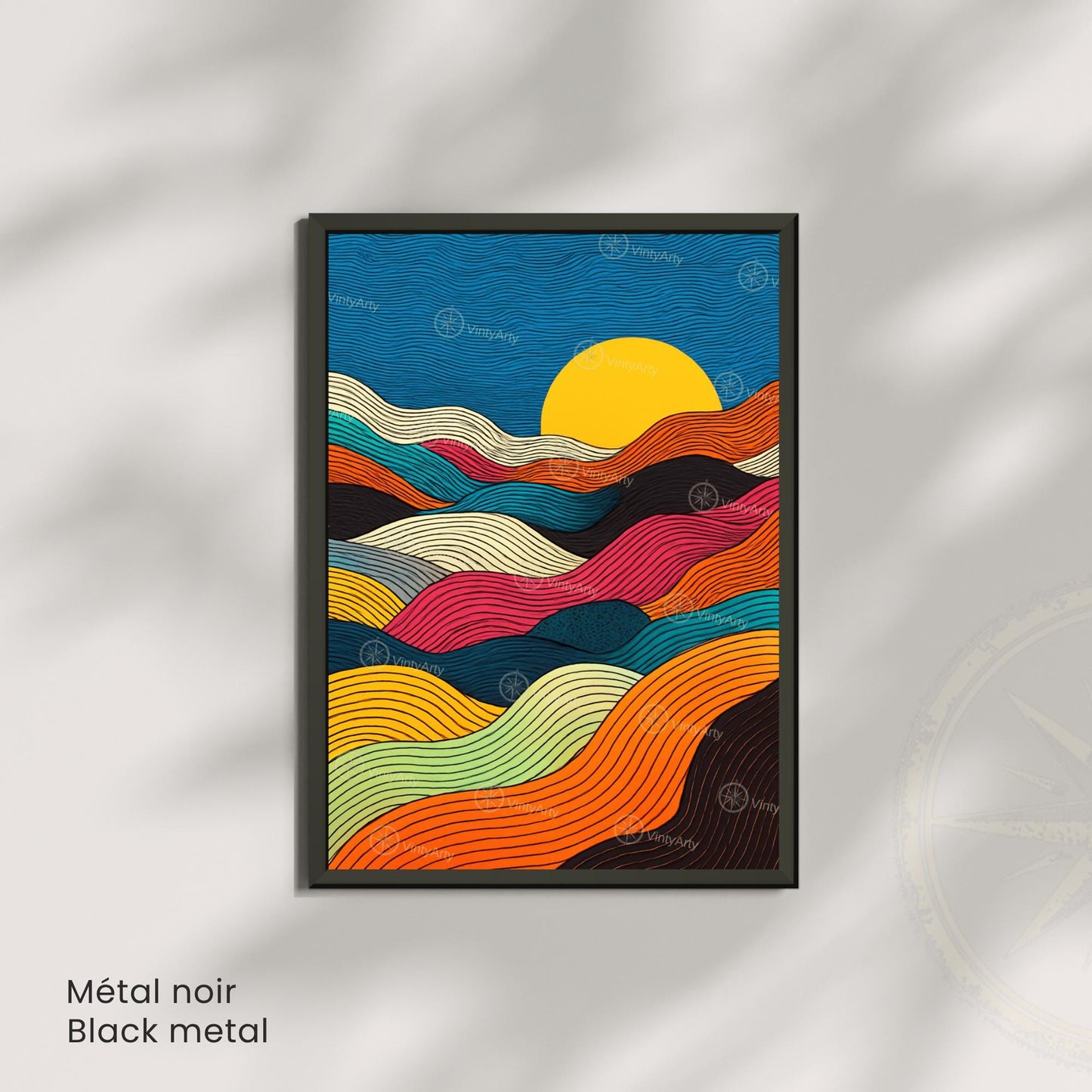 Affiche Abstraite Soleil – Lignes Ondulées Multicolores et Design Moderne