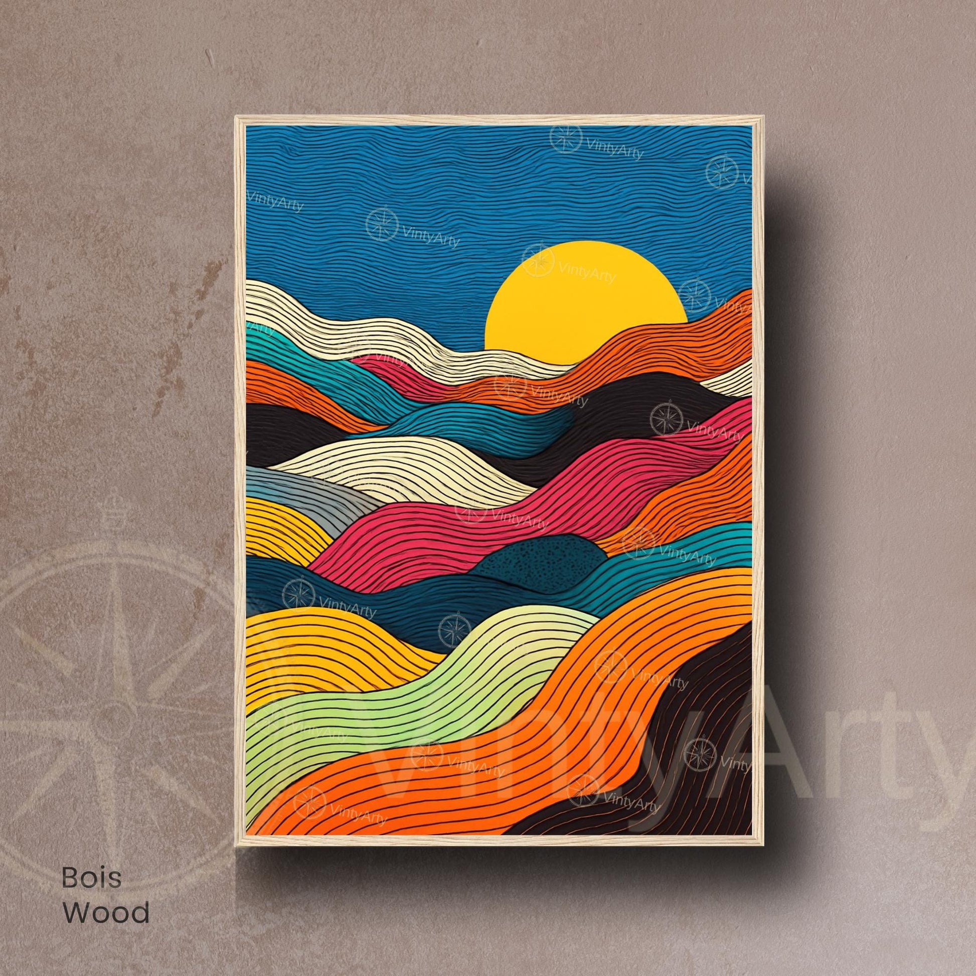 Affiche Abstraite Soleil – Lignes Ondulées Multicolores et Design Moderne