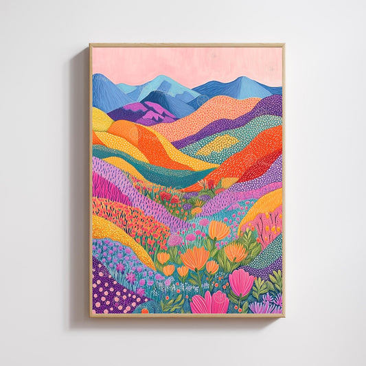 Affiche Abstraite Fleurie – Collines Colorées et Champs de Fleurs pour une Décoration Moderne