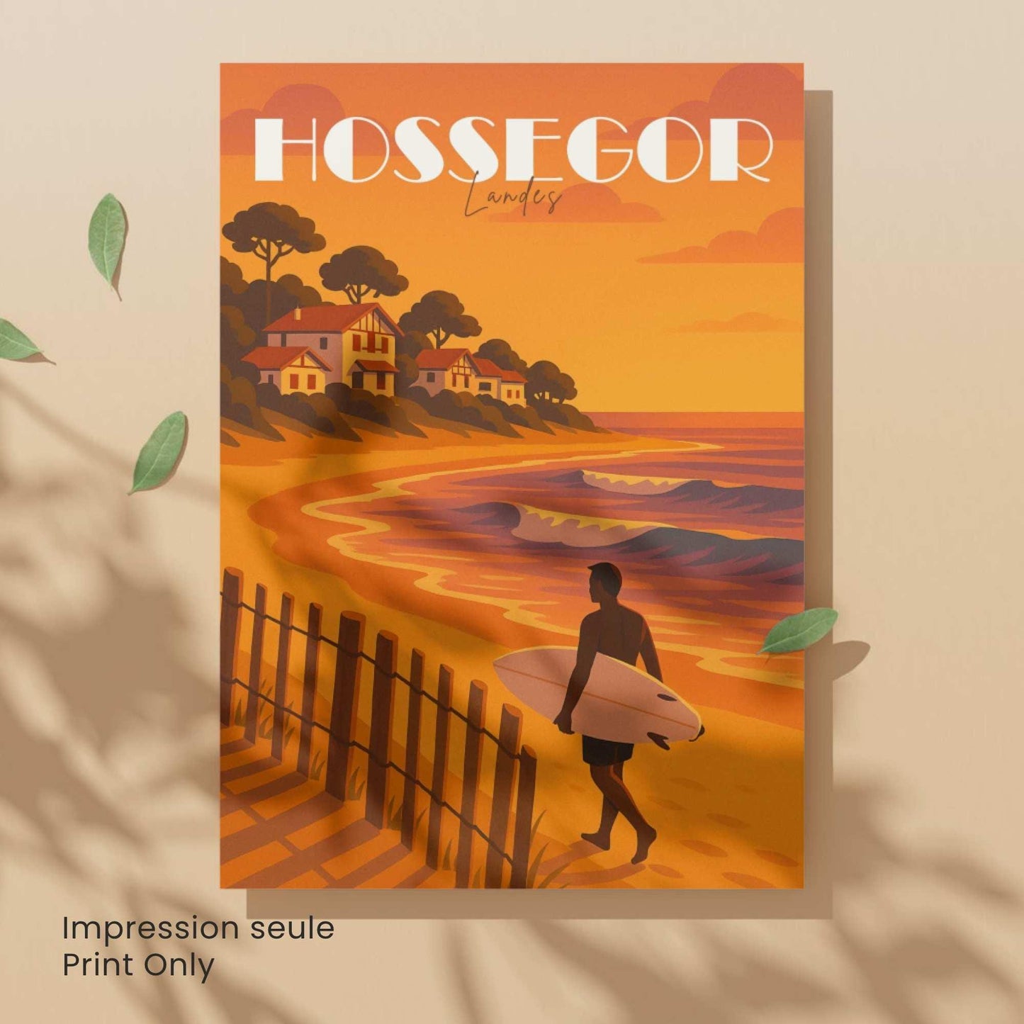 Affiche Hossegor – Landes | Illustration Surf au Coucher du Soleil | Poster Vintage Océan Atlantique