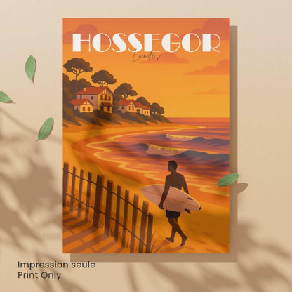 Affiche Hossegor – Landes | Illustration Surf au Coucher du Soleil | Poster Vintage Océan Atlantique