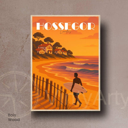 Affiche Hossegor – Landes | Illustration Surf au Coucher du Soleil | Poster Vintage Océan Atlantique