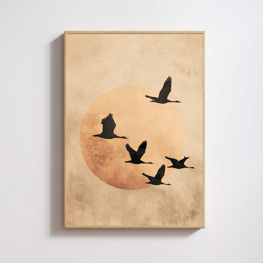 Japanese Art Print – The Evening Flight | Minimalist Japanese Poster | Cranes and Golden Moon | Zen and Wabi-Sabi Decor