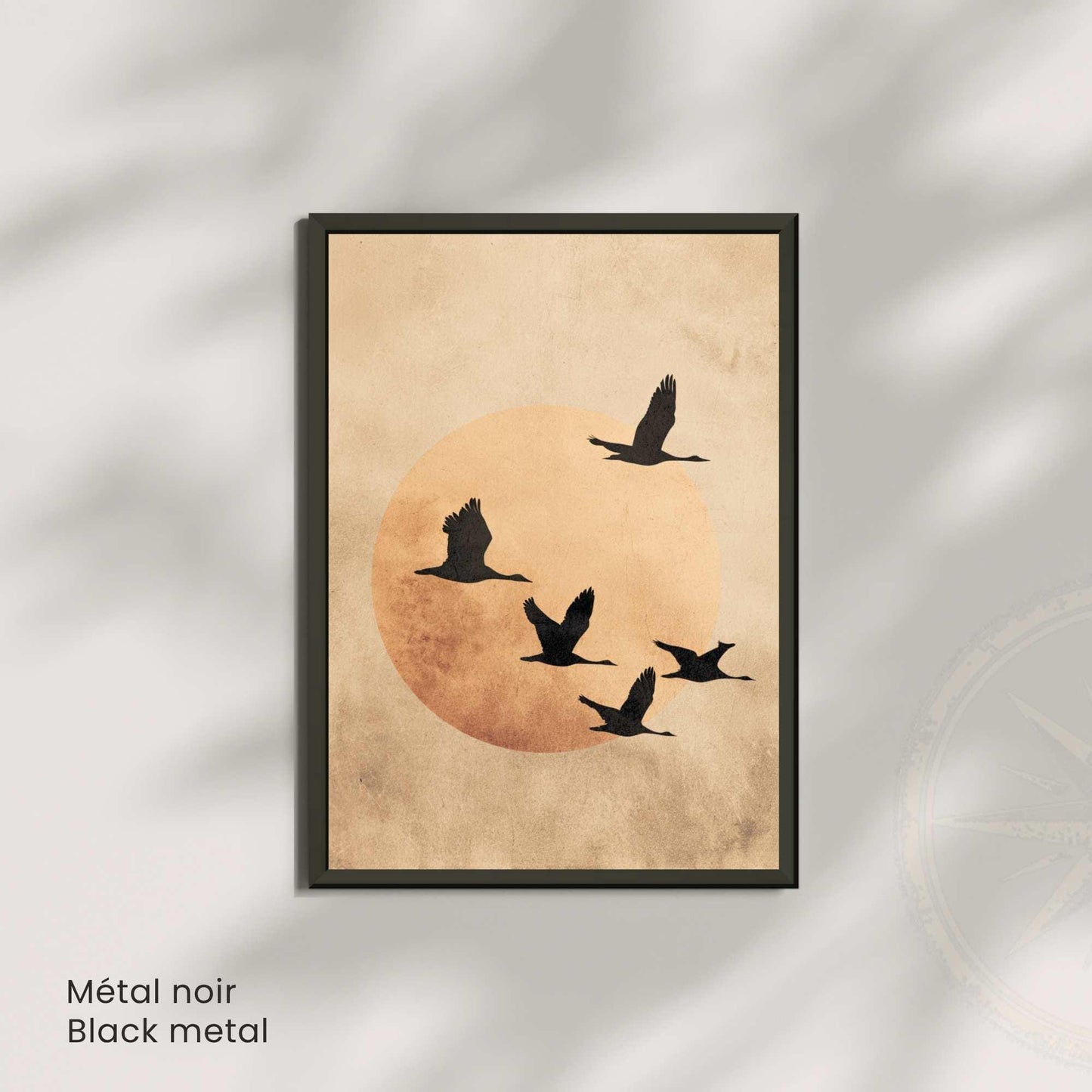 Affiche Japonaise – L’Envol du Soir | Poster Minimaliste Japonais | Grues et Lune Dorée | Art Zen et Wabi-Sabi