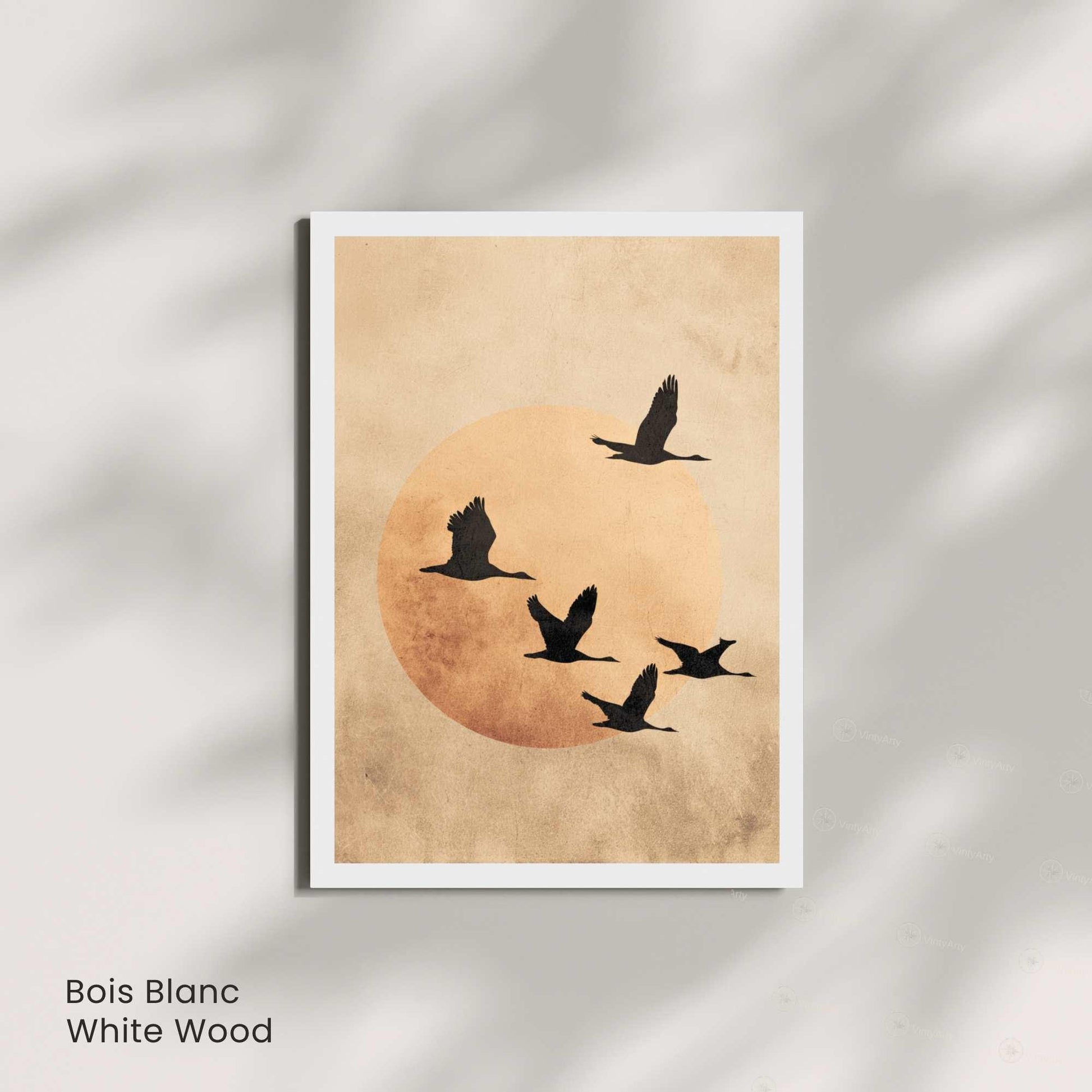 Affiche Japonaise – L’Envol du Soir | Poster Minimaliste Japonais | Grues et Lune Dorée | Art Zen et Wabi-Sabi