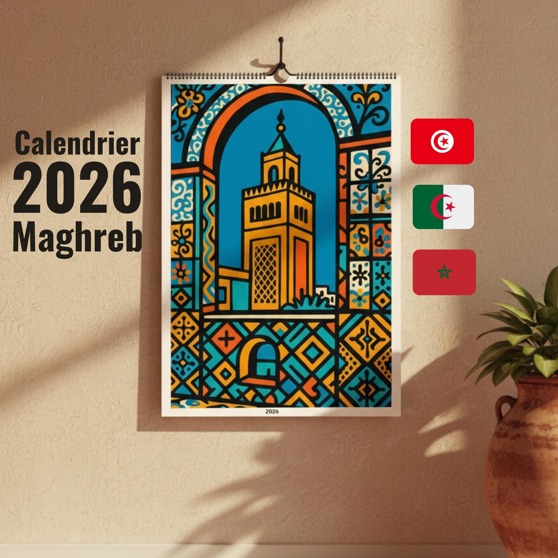 Calendrier Maghreb 2026 – 12 Illustrations Artistiques de la Tunisie, de l’Algérie et du Maroc