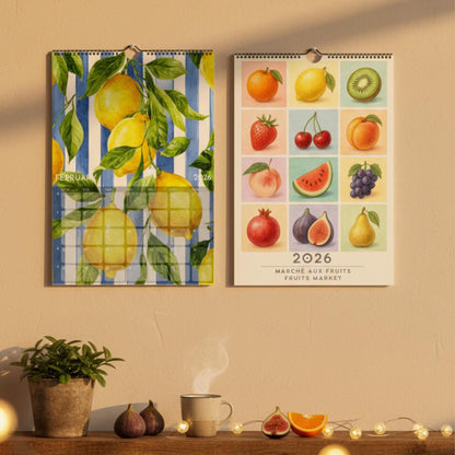 Calendrier 2026 Fruits | Calendrier Marché aux fruits | Cadeau cuisine et déco murale