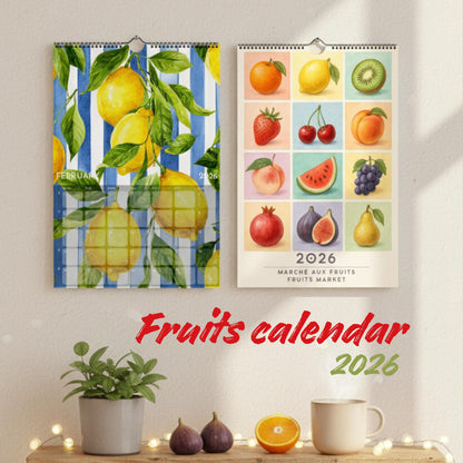 Calendrier 2026 Fruits | Calendrier Marché aux fruits | Cadeau cuisine et déco murale
