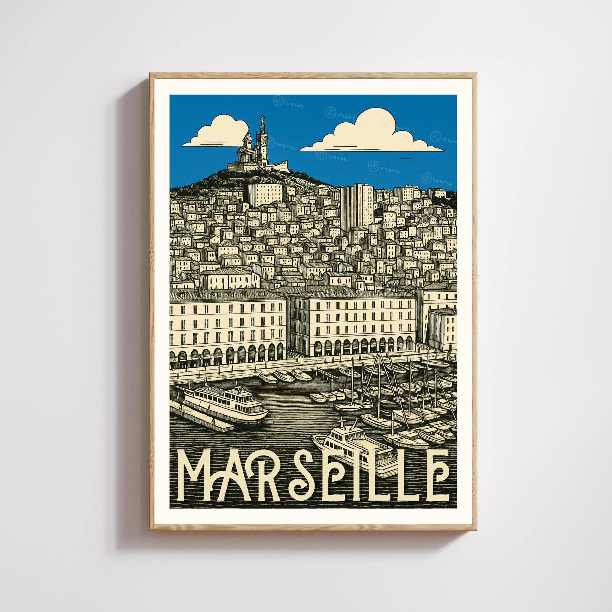 Affiche Marseille – Le Vieux-Port et Notre-Dame de la Garde - Affiche vintage Marseille