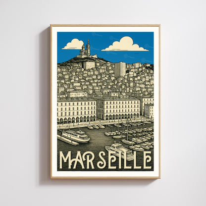 Affiche Marseille – Le Vieux-Port et Notre-Dame de la Garde - Affiche vintage Marseille