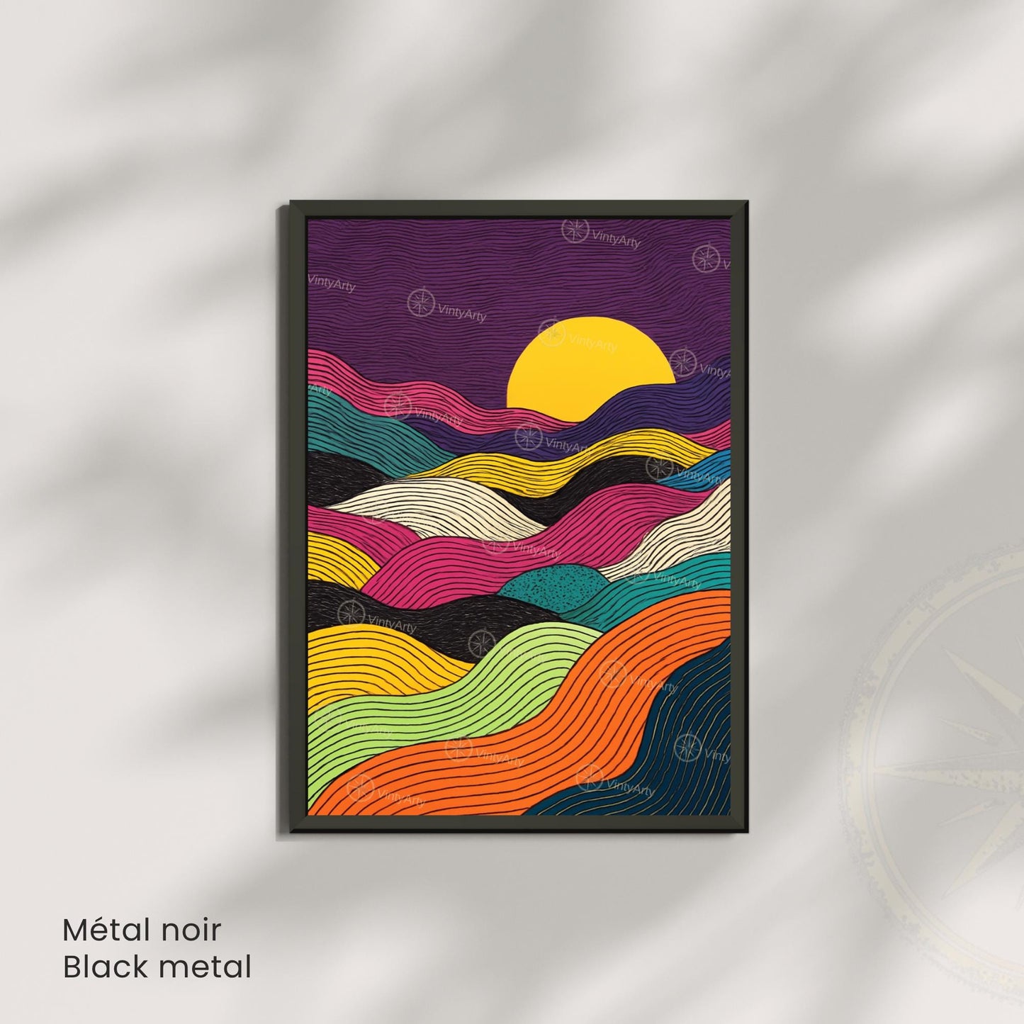 Affiche Abstraite Coucher de Soleil – Lignes Ondulées et Couleurs Vibrantes