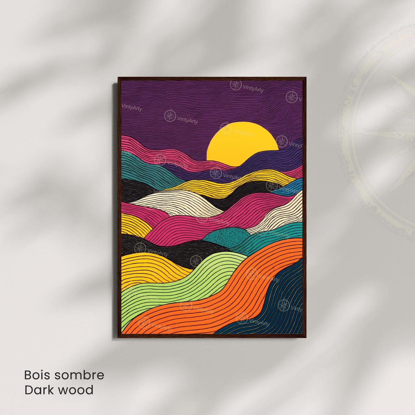 Affiche Abstraite Coucher de Soleil – Lignes Ondulées et Couleurs Vibrantes