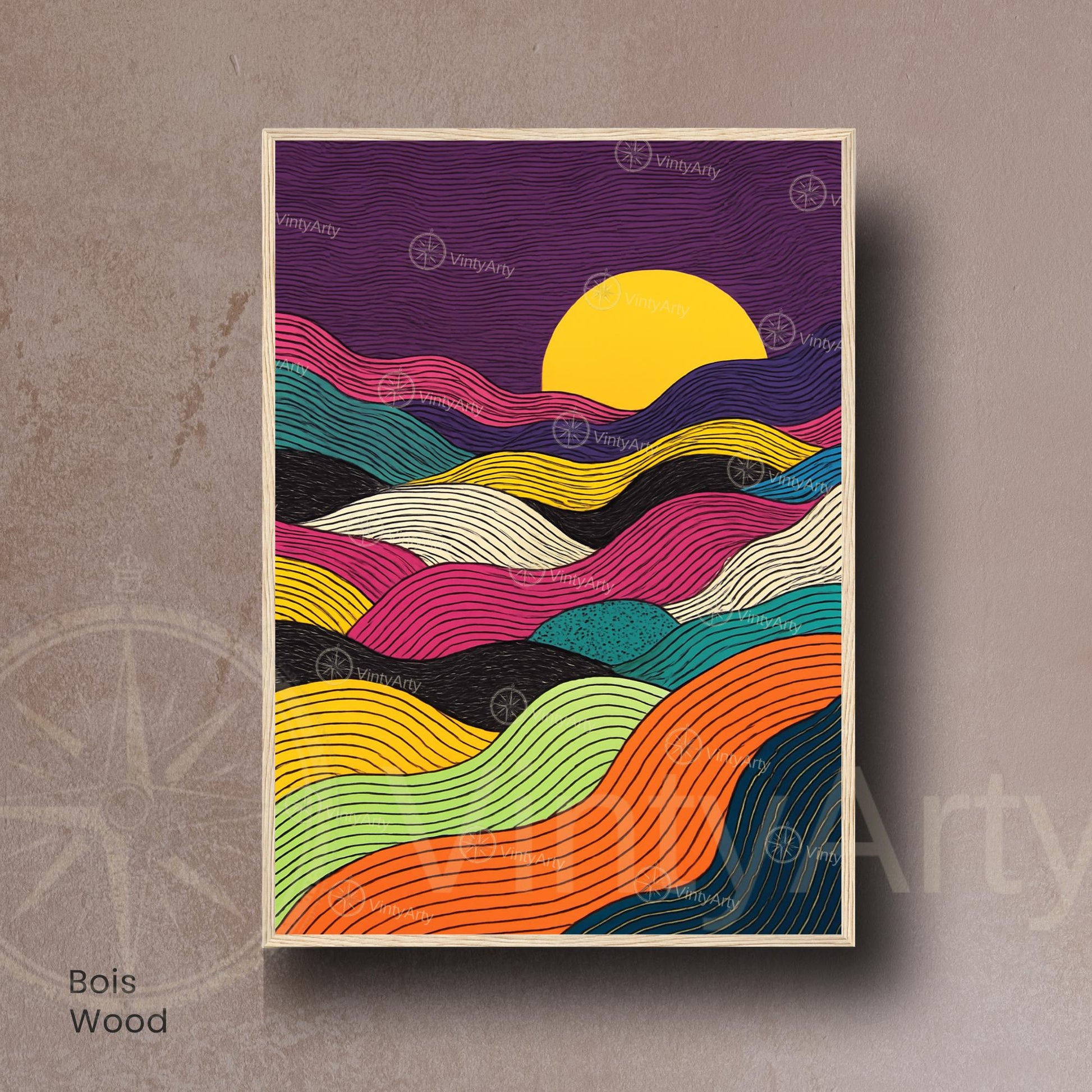 Affiche Abstraite Coucher de Soleil – Lignes Ondulées et Couleurs Vibrantes