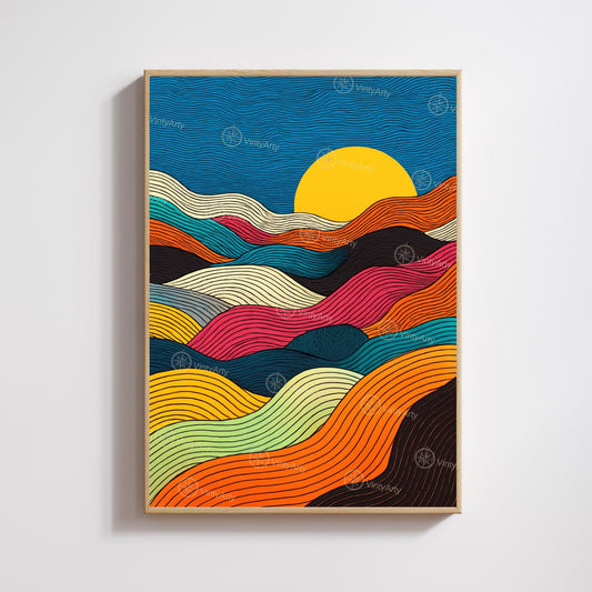 Affiche Abstraite Soleil – Lignes Ondulées Multicolores et Design Moderne