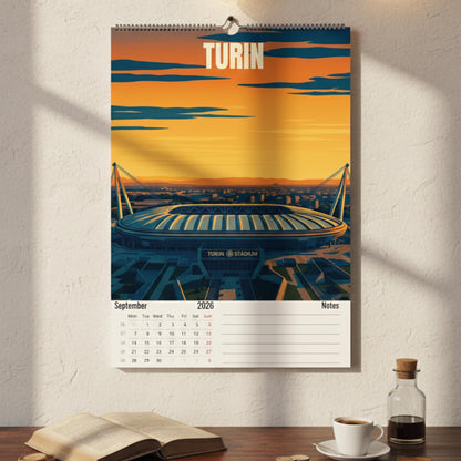 Calendrier 2026 Stades de Football | Illustrations sportives | Calendrier Football | Cadeau fan de football