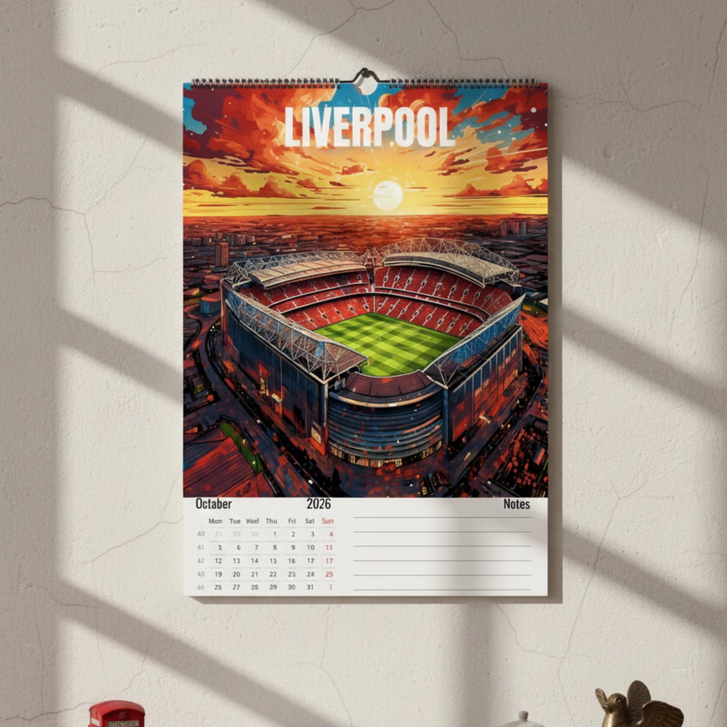 Calendrier 2026 Stades de Football | Illustrations sportives | Calendrier Football | Cadeau fan de football