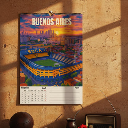 Calendrier 2026 Stades de Football | Illustrations sportives | Calendrier Football | Cadeau fan de football