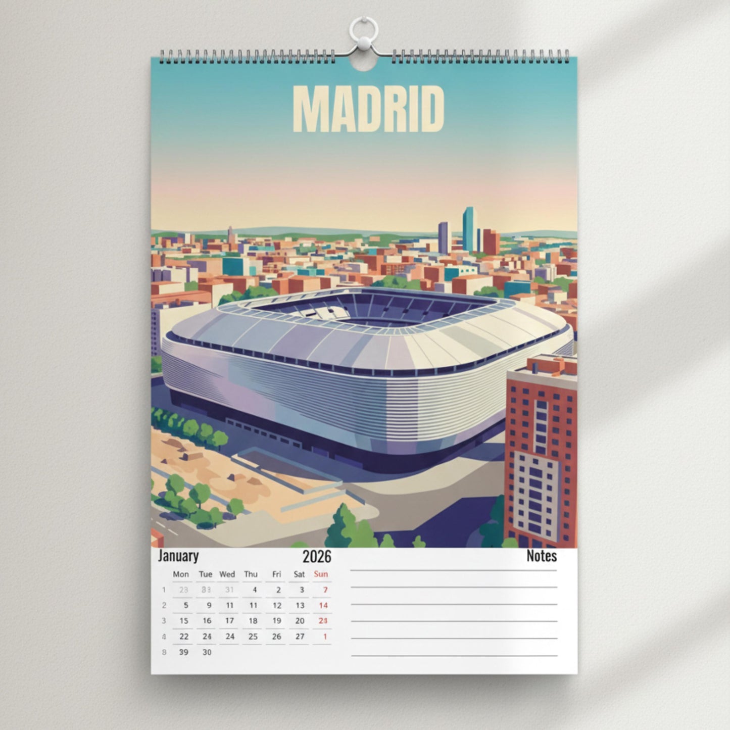 Calendrier 2026 Stades de Football | Illustrations sportives | Calendrier Football | Cadeau fan de football