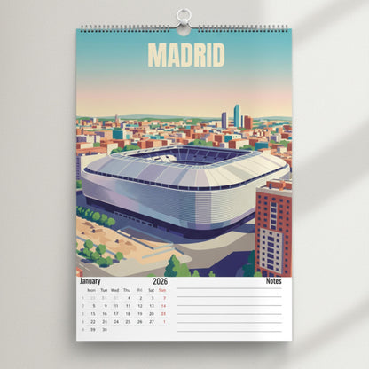 Calendrier 2026 Stades de Football | Illustrations sportives | Calendrier Football | Cadeau fan de football