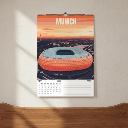 Calendrier 2026 Stades de Football | Illustrations sportives | Calendrier Football | Cadeau fan de football